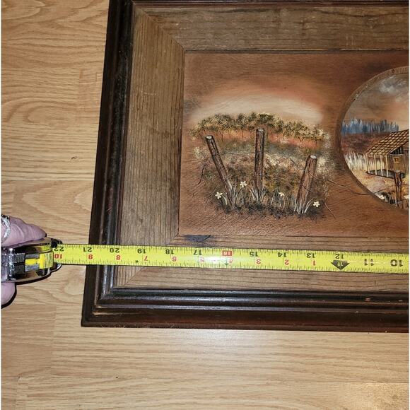 Vtg 70 Rustic Carved Framed Cabin Farmhouse Landscape Artist Signed Oil Painting - Picture 7 of 8